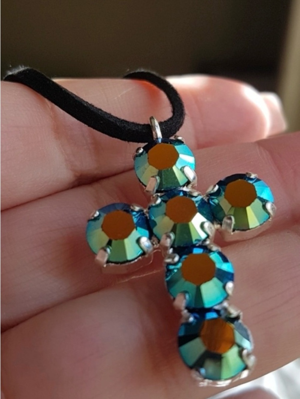 Swarovski Elements Iridescent Green Symbolic Cross Necklace on Black Suede NWT